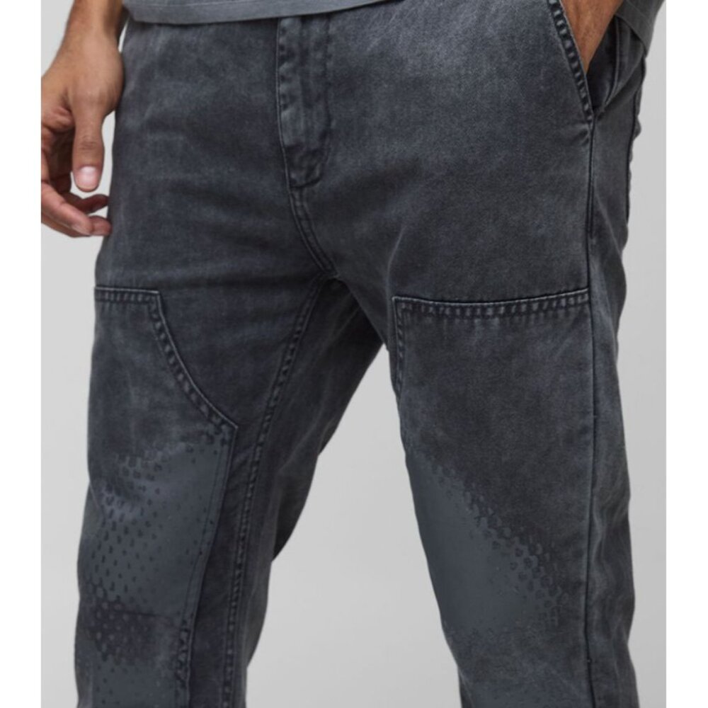 Men's Washed Charcoal Patchwork Jeans - Picture 2 of 16